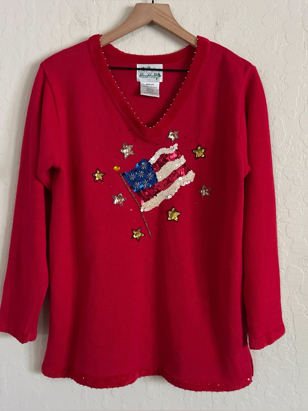 The Quacker Factory Patriotic Sequin American Flag Sweater USA Stars Beaded Med